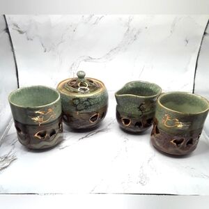 2 Vtg. Japanese Somayaki Double-Wall Crackle Glazed Mugs *Creamer *Sugar Bowl